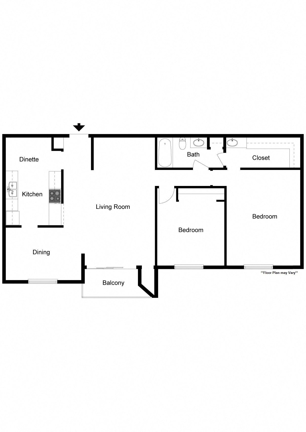 Floor plan for 2 beds, 1 bath, 1008 sqft